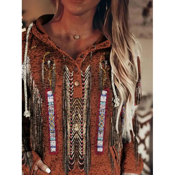 Western Print Long Sleeve Casual Hoodie