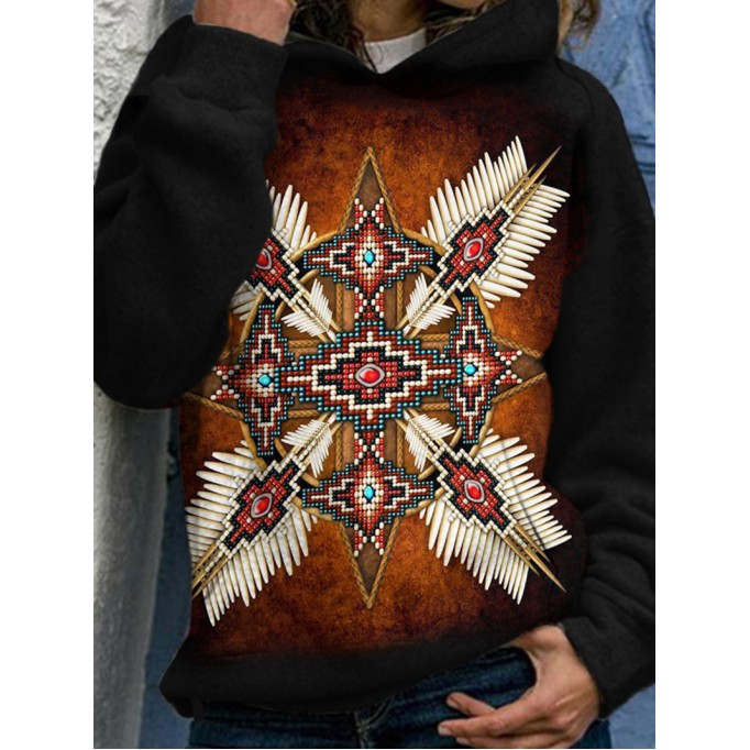 Western retro print long sleeve hoodie