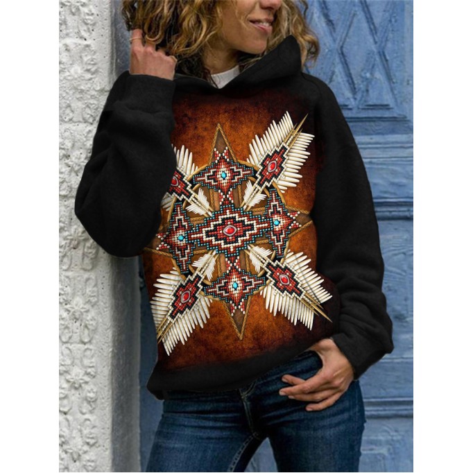 Western retro print long sleeve hoodie