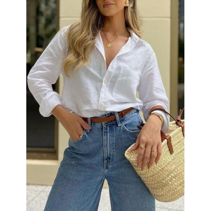 White simple elegant cotton loose shirt + denim trousers 2-piece set