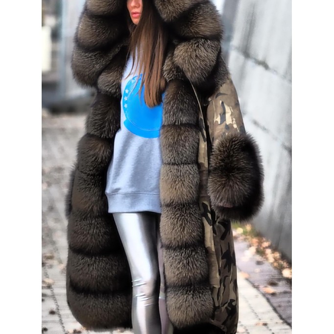 Women's autumn and winter camouflage fur collar patchwork coat