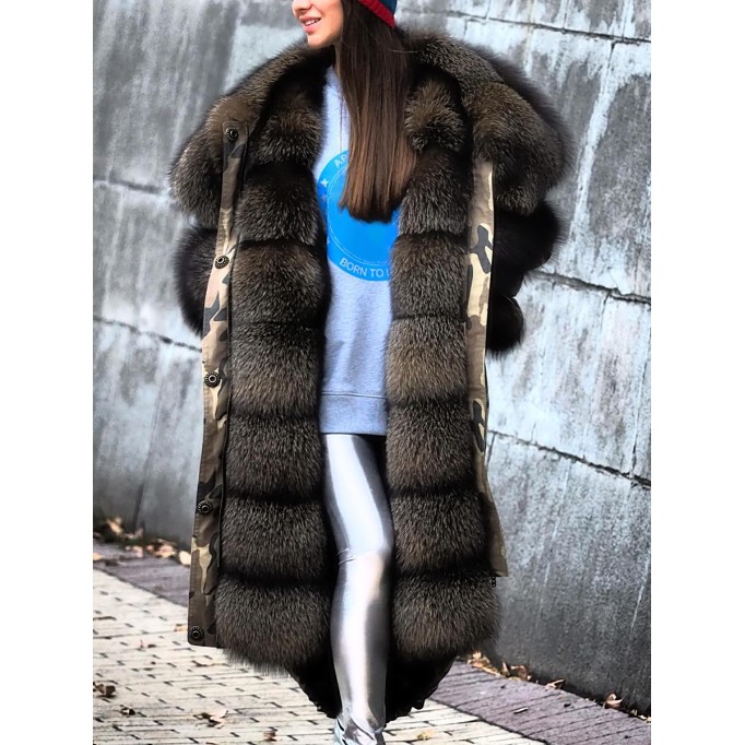 Women's autumn and winter camouflage fur collar patchwork coat