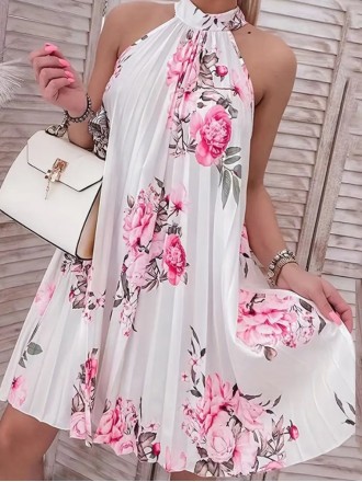 Women's elegant halter print pleated dress