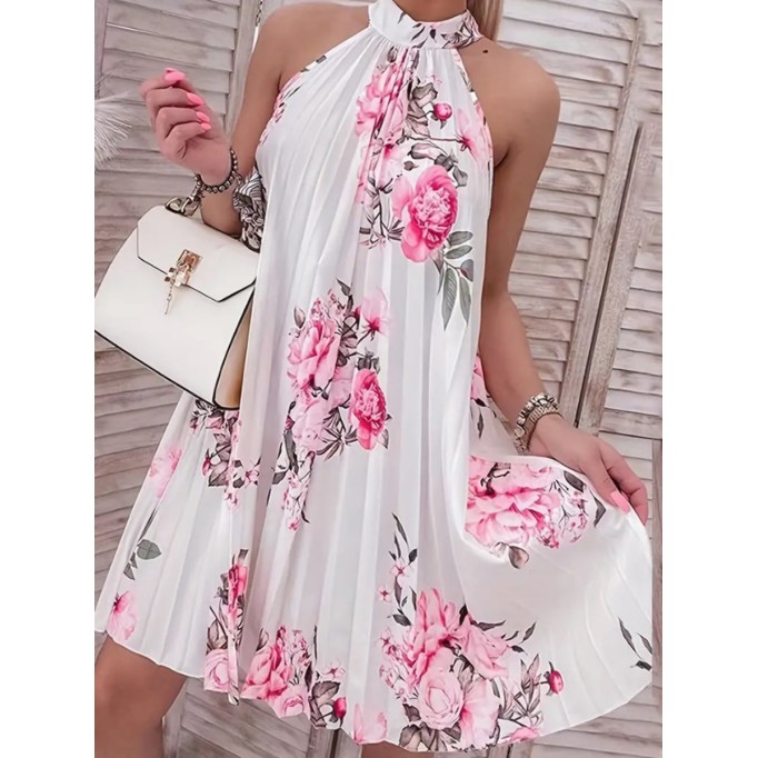 Women's elegant halter print pleated dress