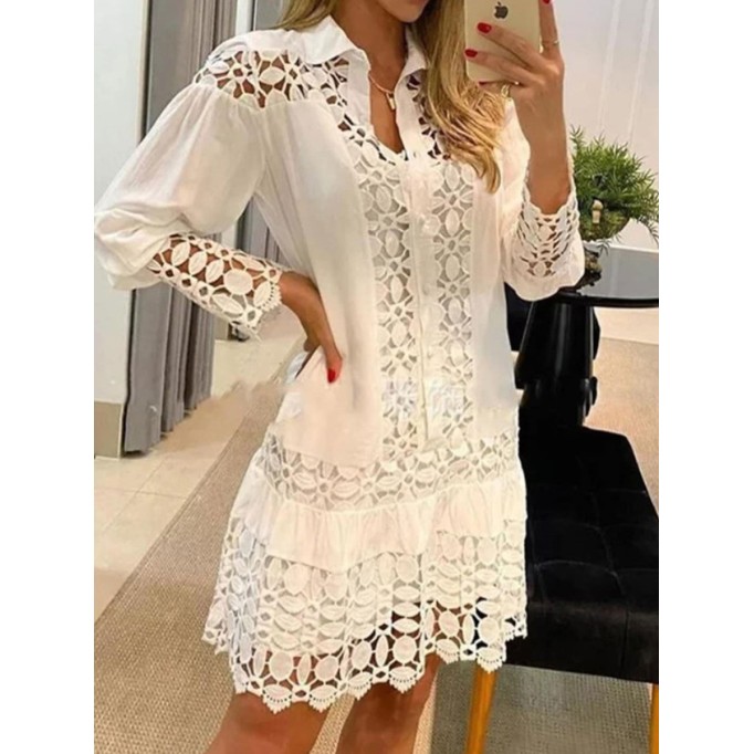 Women's elegant loose lace patchwork cutout shirt dress