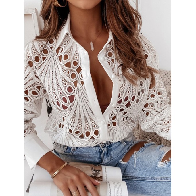 Women's elegant sexy lace cut-out shirt