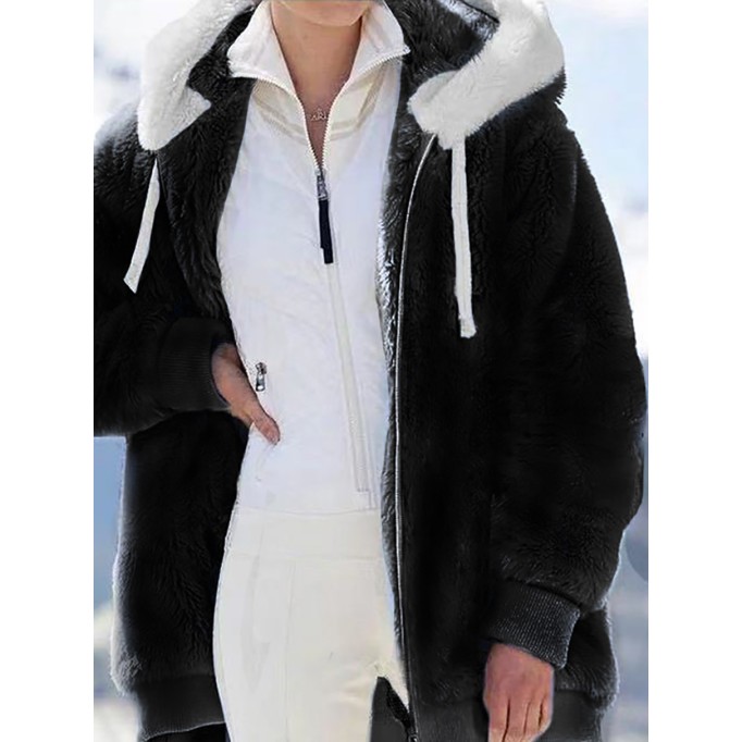 Women's fall and winter loose plush zipper hooded jacket