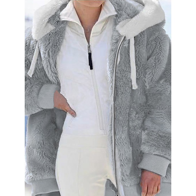 Women's fall and winter loose plush zipper hooded jacket