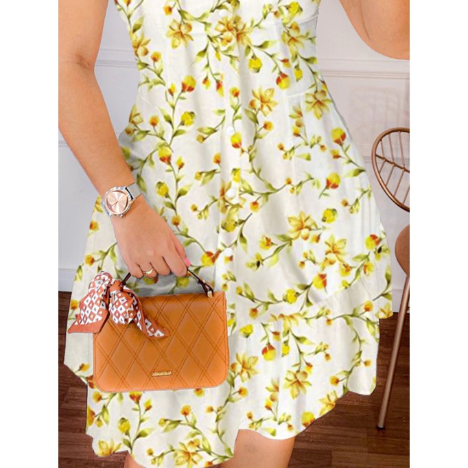 Women's floral printed lantern short sleeved square neck dress short skirt yellow