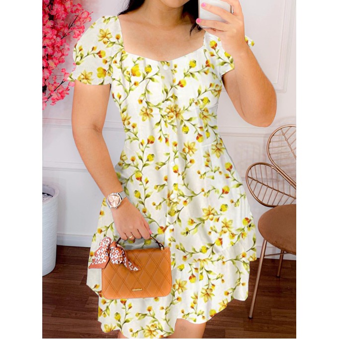 Women's floral printed lantern short sleeved square neck dress short skirt yellow