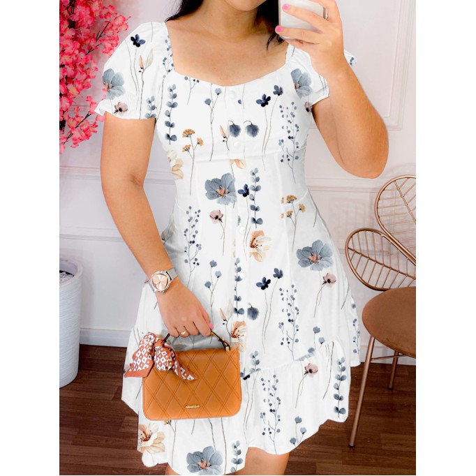 Women's Fresh Flower Print Lantern Short Sleeve Square Neck Dress