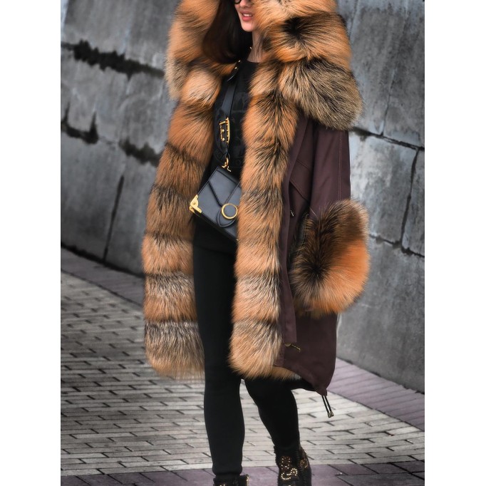 Women's fur collar patchwork autumn and winter coat