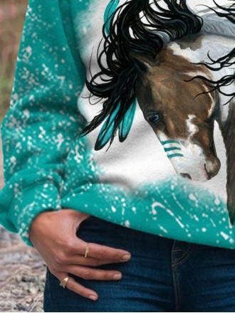 Women's Indian Horse Print Hooded Sweatshirt