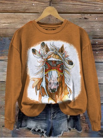 Women's Indian Horse Print Hooded Sweatshirt