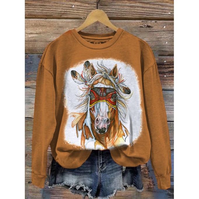 Women's Indian Horse Print Hooded Sweatshirt