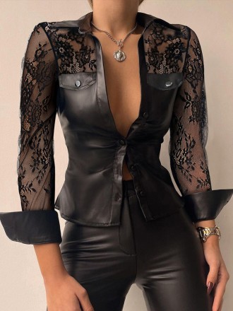 Women's leather patchwork lace shirt