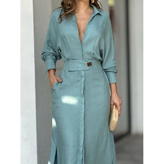 Women's Linen Blend Pocket Slit Shirt Midi Dress