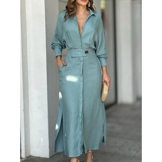 Women's Linen Blend Pocket Slit Shirt Midi Dress