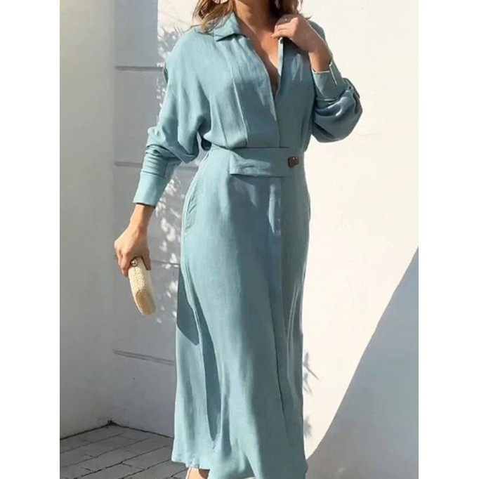 Women's Linen Blend Pocket Slit Shirt Midi Dress