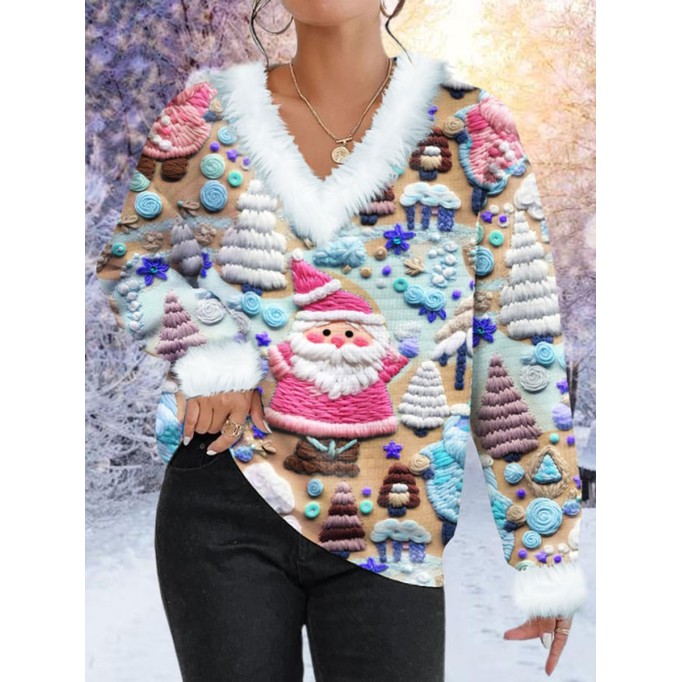 Women's Pink Santa Print Fur Collar Sweatshirt