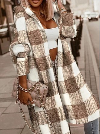 Women's plaid plush long jacket