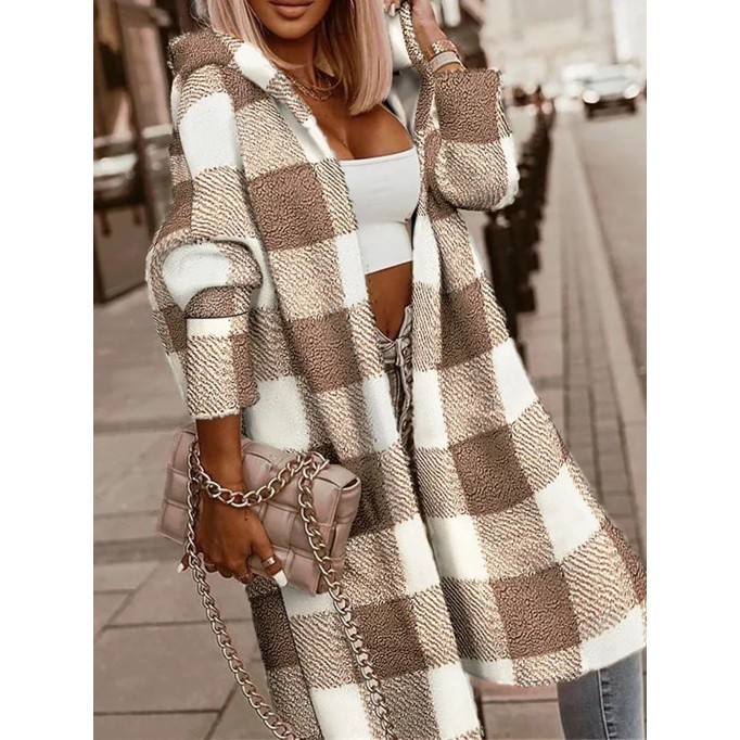 Women's plaid plush long jacket