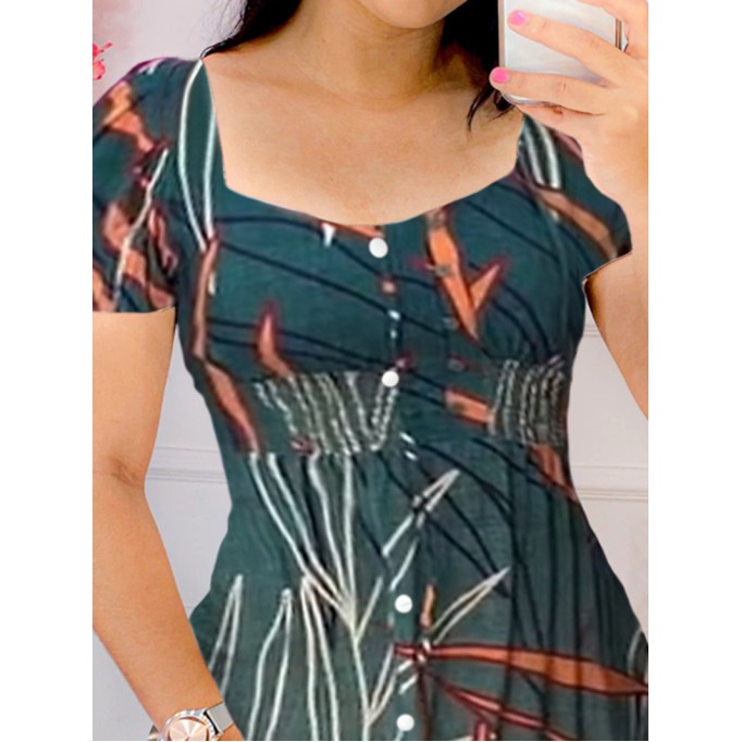 Women's plant printed lantern short sleeved square neck dress short skirt