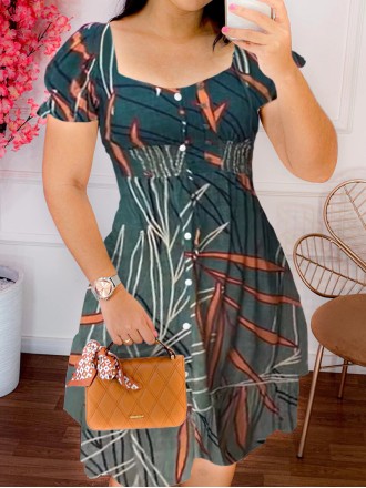 Women's plant printed lantern short sleeved square neck dress short skirt