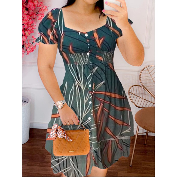 Women's plant printed lantern short sleeved square neck dress short skirt