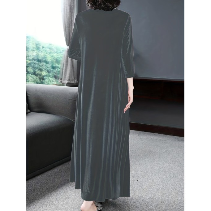 Women's Plus Velvet Solid Long Sleeve Round Neck Loose Maxi Dress