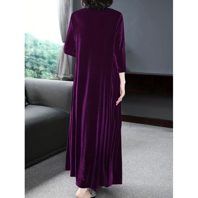 Women's Plus Velvet Solid Long Sleeve Round Neck Loose Maxi Dress