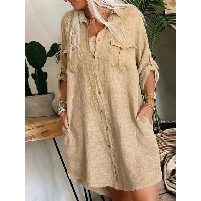 Women's pocket button cotton linen shirt dress