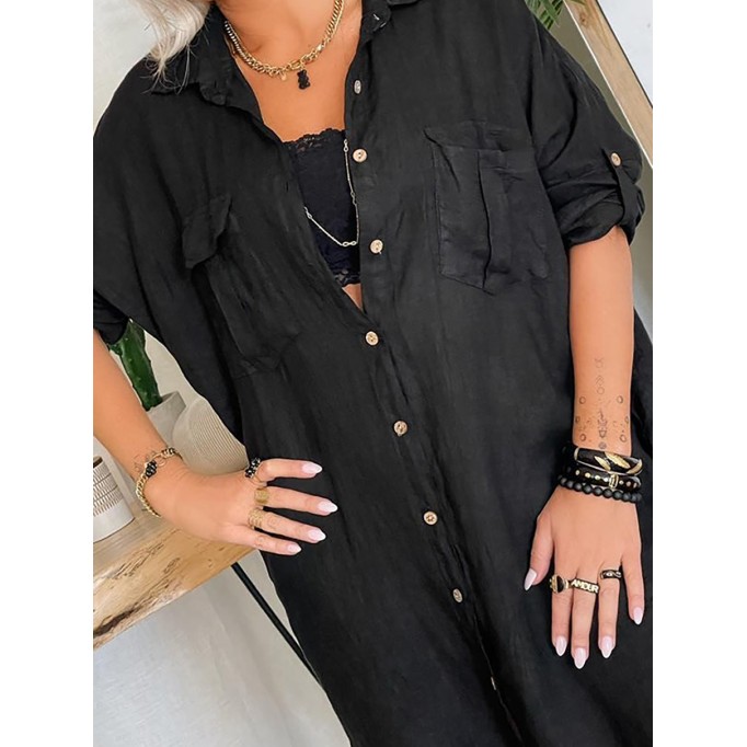 Women's pocket button cotton linen shirt dress