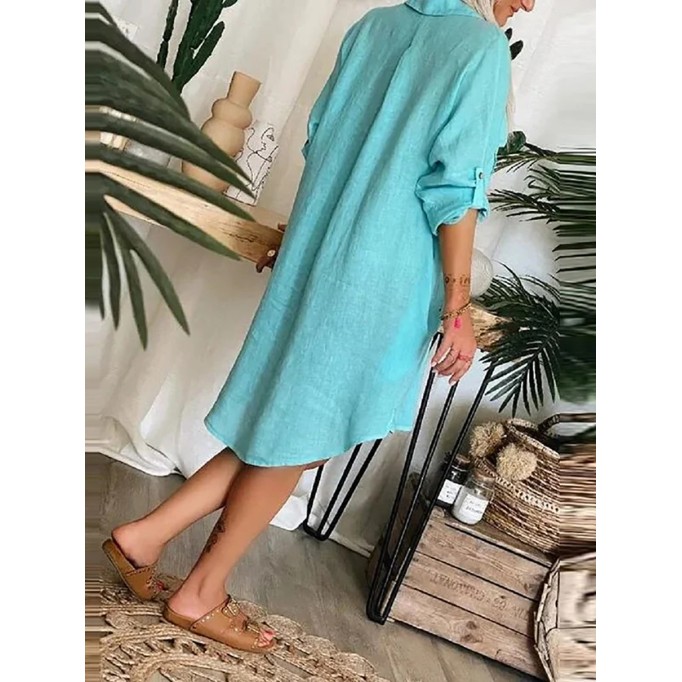 Women's pocket button cotton linen shirt dress