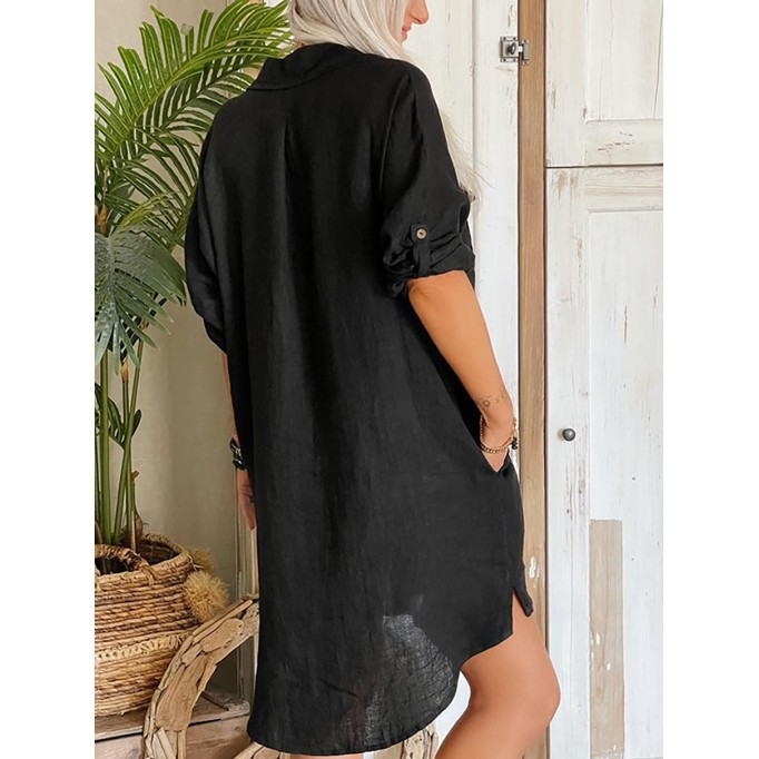 Women's pocket button cotton linen shirt dress