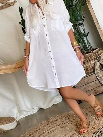 Women's pocket button cotton linen shirt dress