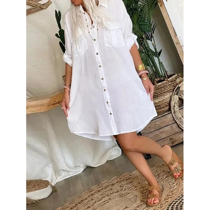 Women's pocket button cotton linen shirt dress