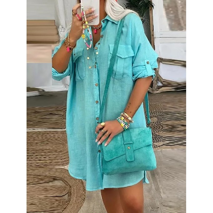 Women's pocket button cotton linen shirt dress