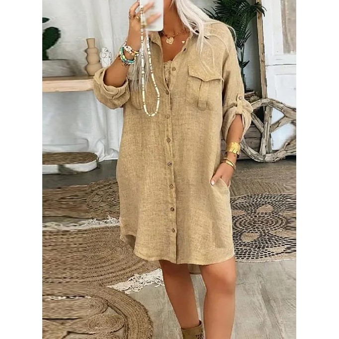 Women's pocket button cotton linen shirt dress