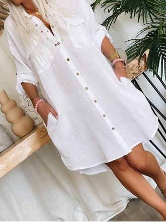 Women's pocket button cotton linen shirt dress