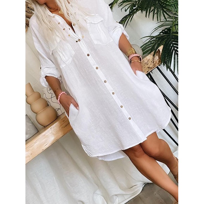 Women's pocket button cotton linen shirt dress