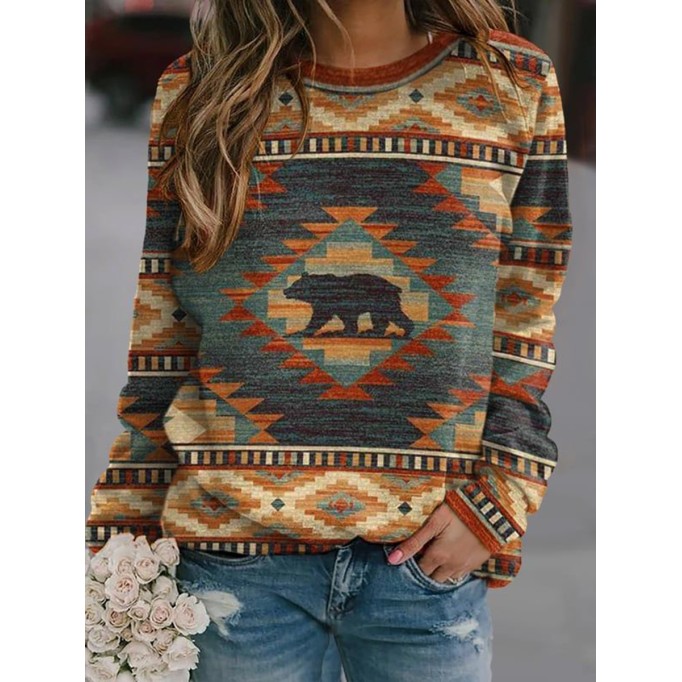 Women's Retro Ethnic Print Long Sleeve Sweatshirt