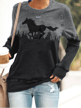 Women's Running Horse Treetop Silhouette Print Casual Sweatshirt