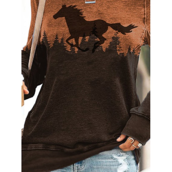 Women's Running Horse Treetop Silhouette Print Casual Sweatshirt