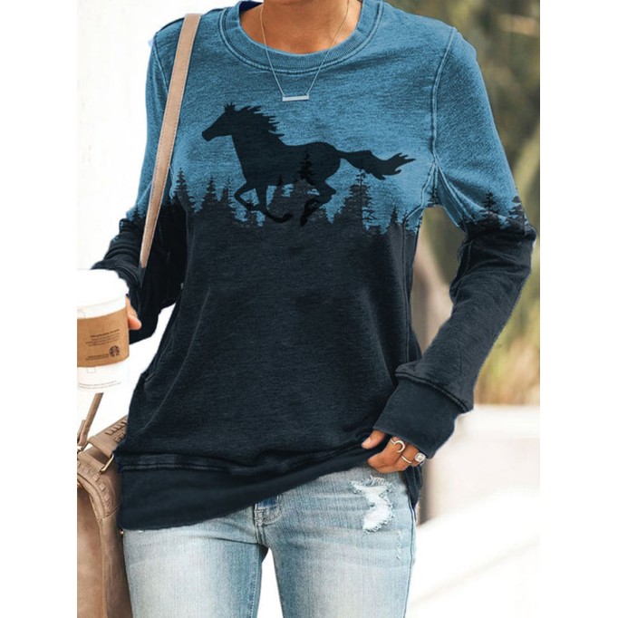 Women's Running Horse Treetop Silhouette Print Casual Sweatshirt