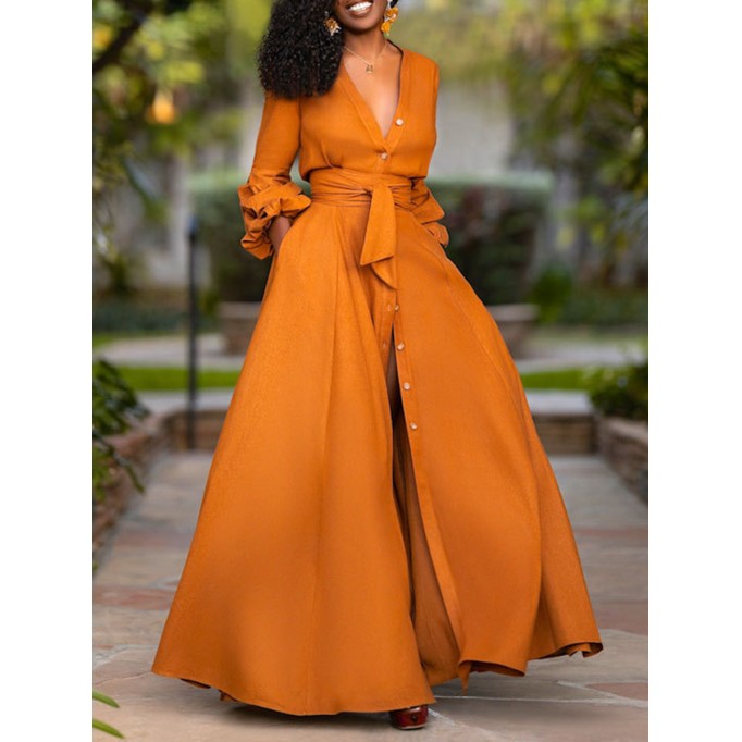 Women's Sexy Deep V Long Sleeve Waisted Solid Color Cardigan Dresses