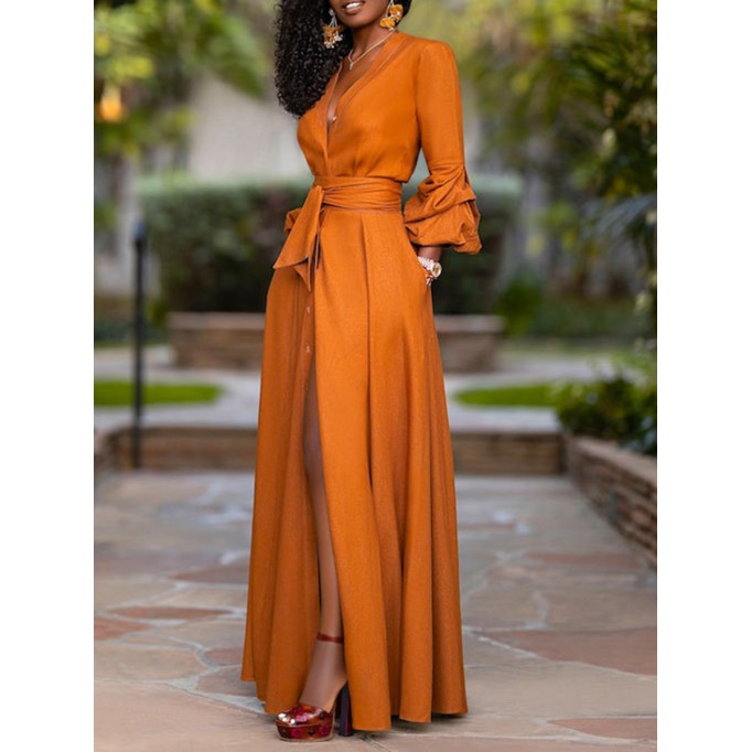 Women's Sexy Deep V Long Sleeve Waisted Solid Color Cardigan Dresses