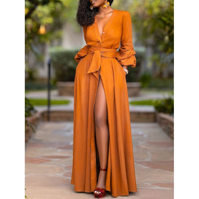 Women's Sexy Deep V Long Sleeve Waisted Solid Color Cardigan Dresses