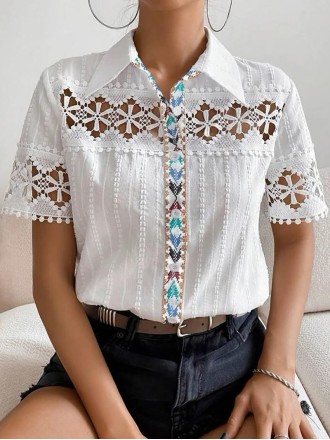 Women's Short Sleeve Shirt Lace Ethnic Print