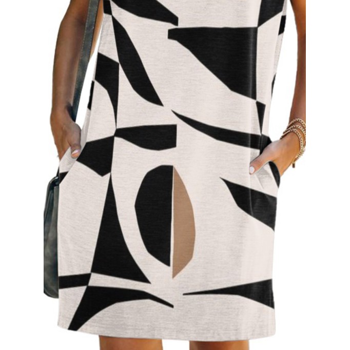 Women's simple geometric print sleeveless shoulder pad dress